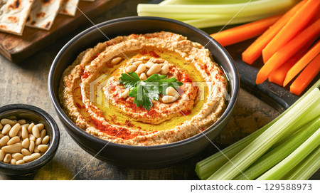 Creamy hummus served in a bowl, garnished with olive oil and pine nuts, accompanied by fresh celery and carrot sticks on a rustic wooden table 129588973