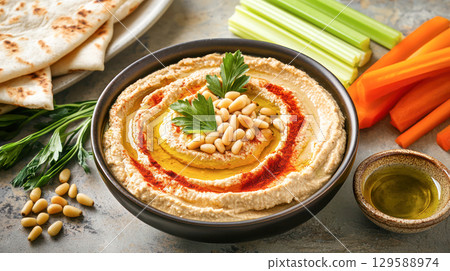 Creamy hummus served in a bowl, garnished with pine nuts and olive oil, surrounded by fresh vegetables and pita bread for a healthy snack 129588974