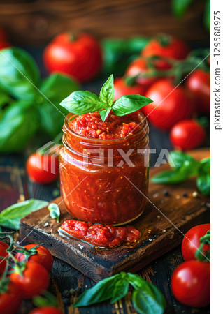 Fresh tomato sauce in a glass jar garnished with basil leaves, surrounded by ripe tomatoes and fresh basil on a rustic wooden table Fresh tomato sauce in a glass jar garnished with basil leaves, surrounded by ripe tomatoes and fresh basil on a rustic wooden table 129588975