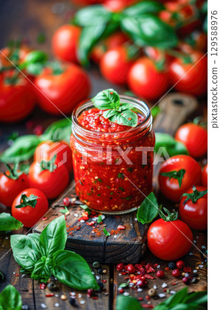 Fresh homemade tomato sauce in a glass jar surrounded by ripe tomatoes and basil leaves on a rustic wooden table, showcasing vibrant culinary ingredients 129588976