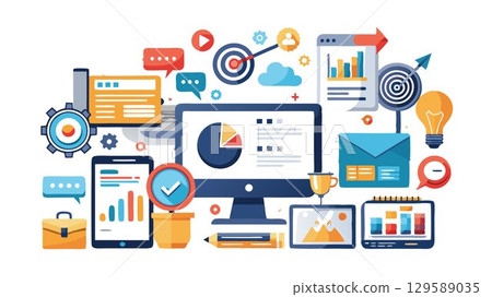 A detailed rendering of digital marketing elements against a white background reveals the intricate details of online strategies, data analysis, and the overall complexity of building a successful on 129589035