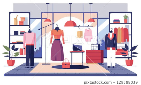 This image offers a visually stunning and stylish depiction of a fashion retail space against a minimalist white background, effectively communicating the elegance, sophistication, and modern design 129589039