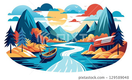 This image offers a visually stunning and evocative depiction of a river journey, effectively capturing the thrill, beauty, and adventurous spirit associated with exploring waterways, making it suita 129589048