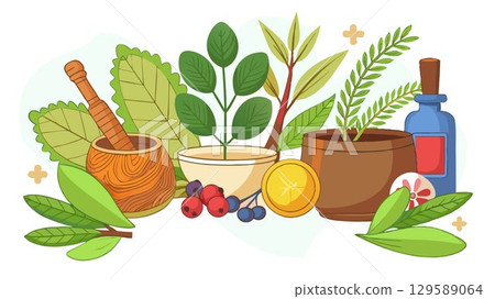 A detailed close-up of natural remedies and herbs reveals the textures, colors, and overall visual appeal of these plant-based treatments, creating a high-quality image suitable for health and wellne 129589064