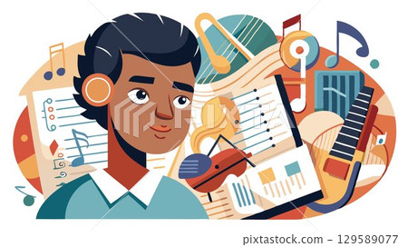 A detailed close-up of a student engaged in music learning reveals the intricate details of musical instruments, sheet music, and the focused attention required for effective music education, creatin 129589077