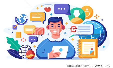 This image offers a visually compelling and conceptually rich depiction of language and communication, effectively communicating the importance of effective communication skills and the multifaceted 129589079