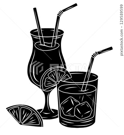 Vector illustration of two cocktails with lemon slices and ice cubes in black silhouette style. Minimal and elegant graphic style. 129589599