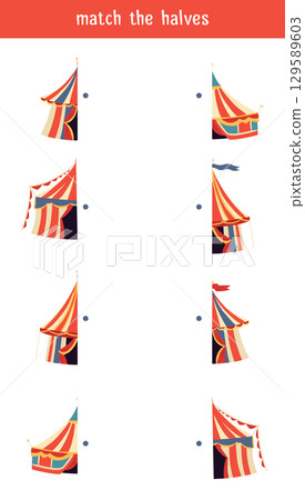 Vector template of childish educational game. Connect the halves of carnival tents. Find the correct half of the illustration of retro marquee. 129589603