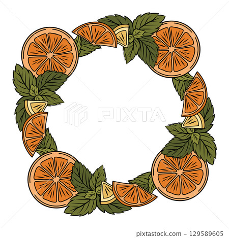 Vector circle frame with doodle mint leaves, orange slices and copy space. Wreath with cartoon peppermint and lemons Vector circle frame with doodle mint leaves, orange slices and copy space. Wreath with cartoon peppermint and lemons 129589605
