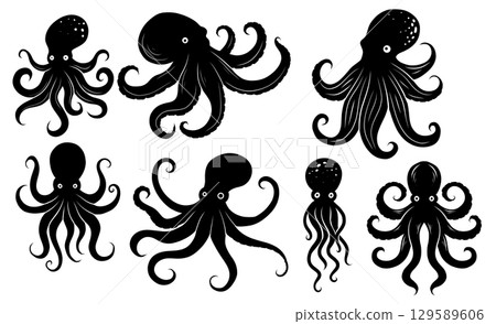 Vector set of black octopus silhouettes isolated from background. Collection of arthropod monster clip art 129589606