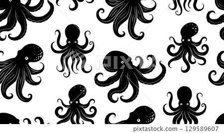 Vector seamless pattern of black octopus silhouettes on a white background. Bold contrast style with repeating marine creatures. Vector seamless pattern of black octopus silhouettes on a white background. Bold contrast style with repeating marine creatures. 129589607