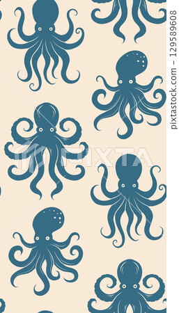 Vector seamless pattern of blue octopus silhouettes on a beige background. Bold contrast style with repeating marine creatures. 129589608