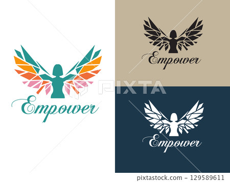 Empowerment Emblem: A sophisticated emblem of female empowerment, presenting a stylized figure with outstretched wings and the motivational word "Empower" elegantly scripted. Empowerment Emblem: A sophisticated emblem of female empowerment, presenting a stylized figure with outstretched wings and the motivational word "Empower" elegantly scripted. 129589611
