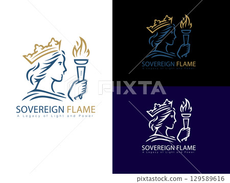 Crowned flame symbol an elegant logo of a royal woman holding a torch embodying the essence of emp 129589616