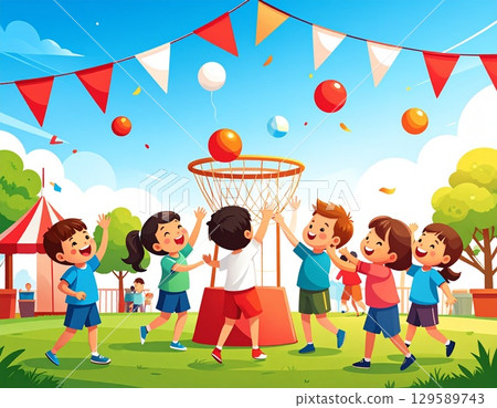 Children throwing balls at a sports day Children throwing balls at a sports day 129589743
