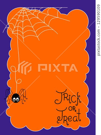 Trick or treat Halloween holiday greeting card or poster template with copyspace, traditional celebration decor elements spider web, cute little spider insect, autumn design, horror story concept Trick or treat Halloween holiday greeting card or poster template with copyspace, traditional celebration decor elements spider web, cute little spider insect, autumn design, horror story concept 129590109