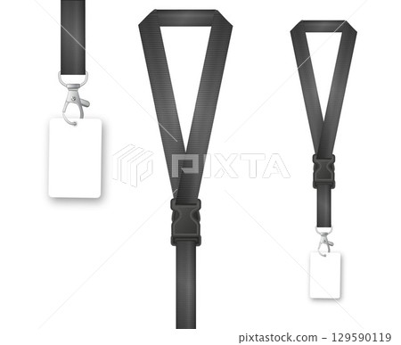 Badges Lanyard design. Identification card with ribbon. Metal closure and card with plastic. Accreditation for events congresses and companies. Vector 129590119