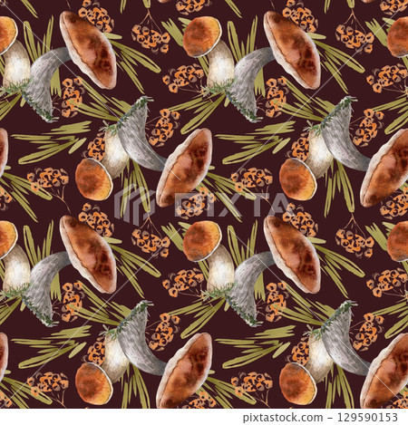 Vibrant watercolor seamless pattern of isolated forest mushrooms and brushstrokes. Boletus, porcini, and aspen cep drawing. Perfect for autumn season textiles, holiday packaging, and botanical labels. Vibrant watercolor seamless pattern of isolated forest mushrooms and brushstrokes. Boletus, porcini, and aspen cep drawing. Perfect for autumn season textiles, holiday packaging, and botanical labels. 129590153