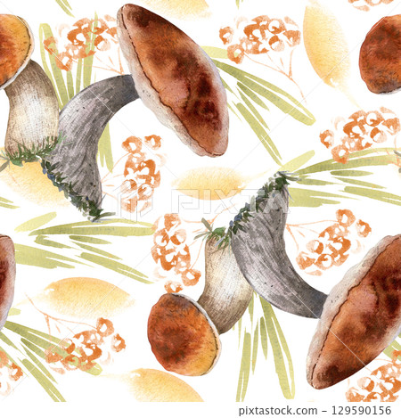 Watercolor seamless pattern of forest mushrooms with brown caps isolated. Porcini and brushstrokes of grass painted. Autumn holiday repeat design for textile prints, packaging, and nature-themed decor 129590156
