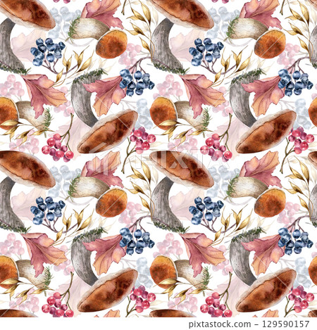 Cozy fall woodland watercolor seamless pattern hand drawn. Lush autumn harvest repeat background of white mushrooms, berries, and soft leaves. Elegant botanical design for textile, seasonal decor. 129590157