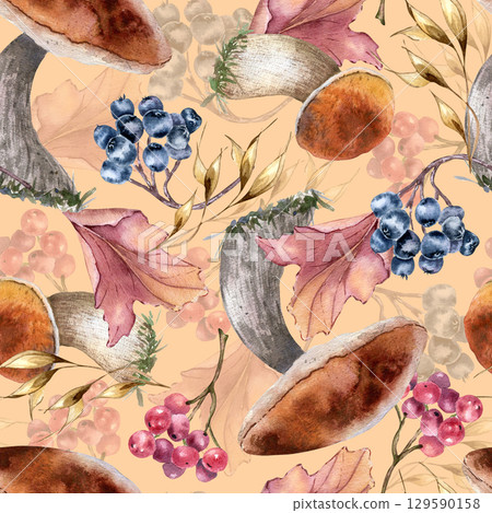 Fall woodland watercolor seamless pattern hand drawn. Rich autumn harvest repeat background. Mushrooms, rowan, chokeberry and leaves illustration. Beautiful botanical design for wallpaper, textile. 129590158