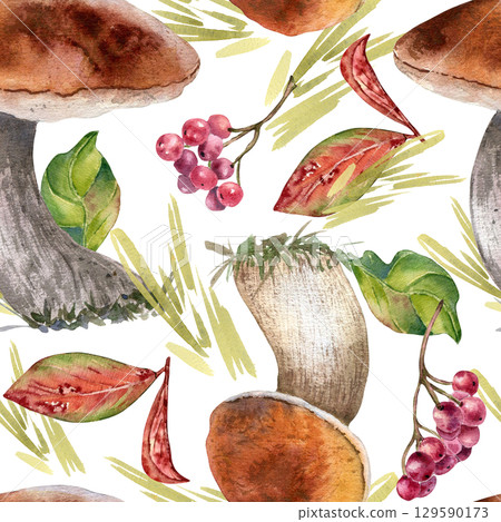 Vibrant hand painted watercolor seamless pattern of mushrooms, chokeberry berries, and colorful leaves isolated. Autumn repeat design for textile, wallpapers, packaging. Fall botanical seasonal decor. Vibrant hand painted watercolor seamless pattern of mushrooms, chokeberry berries, and colorful leaves isolated. Autumn repeat design for textile, wallpapers, packaging. Fall botanical seasonal decor. 129590173