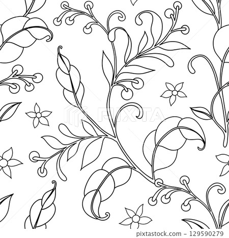 Coloring book. Vector seamless pattern with floral ornament in vintage style. Line art. 129590279