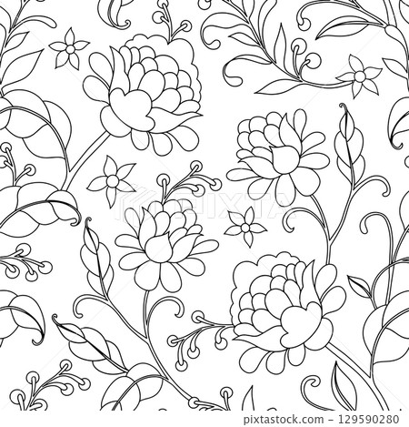 Coloring book. Vector seamless pattern with floral ornament in vintage style. Line art. 129590280