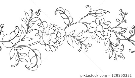 Coloring book. Vector seamless frame with floral ornament in vintage style. Line art. 129590351