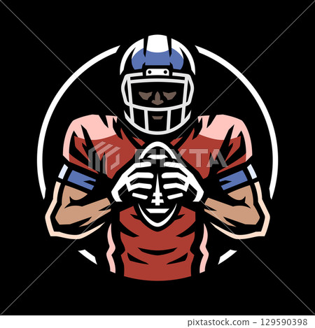 American football player with ball logo, emblem on dark background. American football player with ball logo, emblem on dark background. 129590398