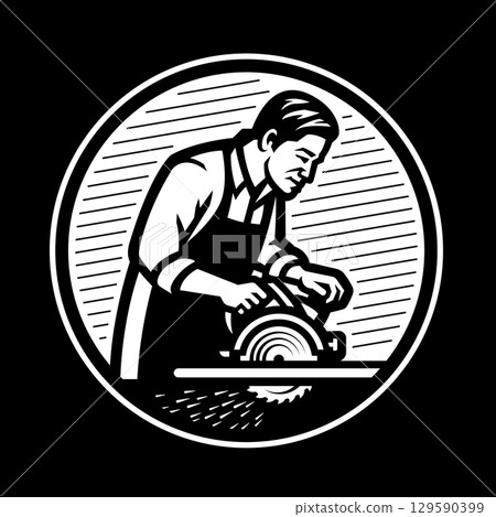 Carpenter with circular saw logo, emblem on dark background. 129590399