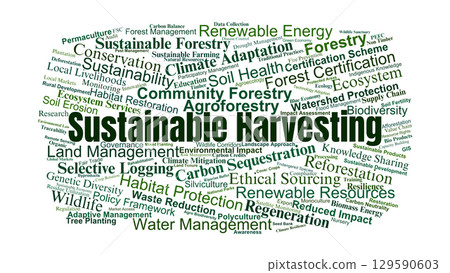 Sustainable Harvesting Word Cloud. Key Concepts On Responsible Resource Use, Biodiversity Protection, Climate Resilience, And Long-Term Environmental Stewardship. 129590603