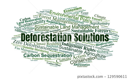 Deforestation Solutions Word Cloud. Key Strategies For Forest Conservation, Restoration, Climate Action, And Sustainable Land Management. 129590611