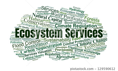 Ecosystem Services Word Cloud. Key Concepts On Biodiversity, Climate Regulation, Natural Capital, Conservation, Sustainability, And Human Wellbeing. Ecosystem Services Word Cloud. Key Concepts On Biodiversity, Climate Regulation, Natural Capital, Conservation, Sustainability, And Human Wellbeing. 129590612