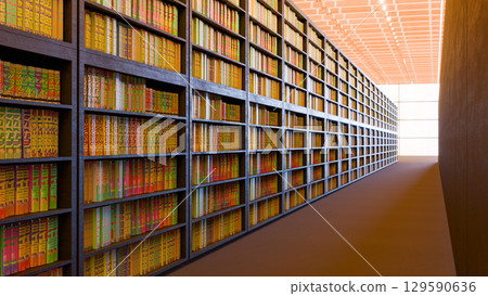 A bookshelf filled with fictional comic magazines 129590636