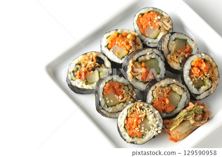 Korean-style seaweed roll kimbap photographed on white background 129590958