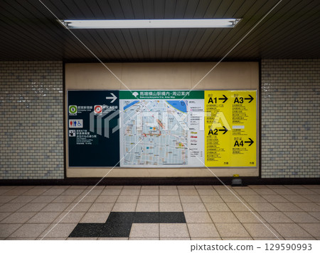 Exit guides, transfer guides, and area maps posted in the connecting passages of underground train stations Exit guides, transfer guides, and area maps posted in the connecting passages of underground train stations 129590993