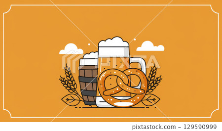 Oktoberfest themed flat illustration with beer mug, a barrel, a pretzel, wheat stalks, and clouds on an orange background. 129590999
