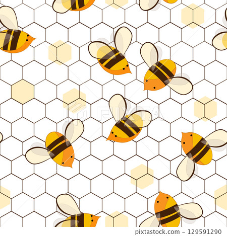 Cute cartoon honey bees on honeycombs seamless pattern. Vector background illustration. 129591290