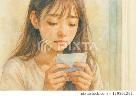 Watercolor illustration of a sad-looking girl holding a letter and crying 129591291