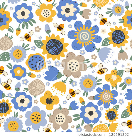 Cute cartoon honey bees, and doodle meadow flower seamless pattern. Vector background illustration. 129591292