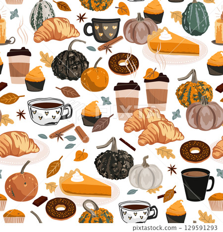 Hand drawn Fall seamless pattern with Autumn sweets, cute pumpkins, and Autumn leaves. Vector illustration. Hand drawn Fall seamless pattern with Autumn sweets, cute pumpkins, and Autumn leaves. Vector illustration. 129591293