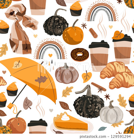 Hand drawn Fall seamless pattern with Autumn sweets, cute pumpkins, and Autumn leaves. Vector illustration 129591294