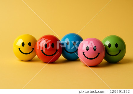 Row of mixed colored smiley spheres united together signifying an unbreakable bond in an equitable and inclusive setting 129591332