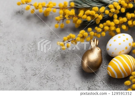 Mimosa branch, Easter eggs on gray concrete background. Beautiful Easter spring background with place for text. Mimosa branch, Easter eggs on gray concrete background. Beautiful Easter spring background with place for text. 129591352
