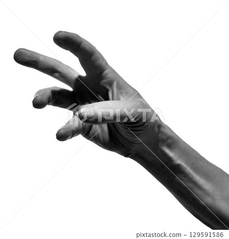 Black and white close-up of hand with curved fingers in expressive pose Black and white close-up of hand with curved fingers in expressive pose 129591586