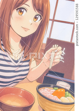 A woman eating seafood at an izakaya 129591588