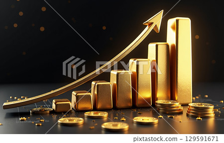 Golden bar chart with arrow 129591671