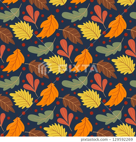 Autumn forest seamless pattern with colorful tree leaves and cranberry berries Autumn forest seamless pattern with colorful tree leaves and cranberry berries 129592269
