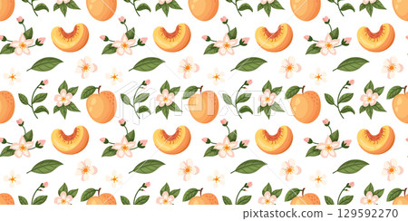 Peach fruit and flowers seamless pattern 129592270